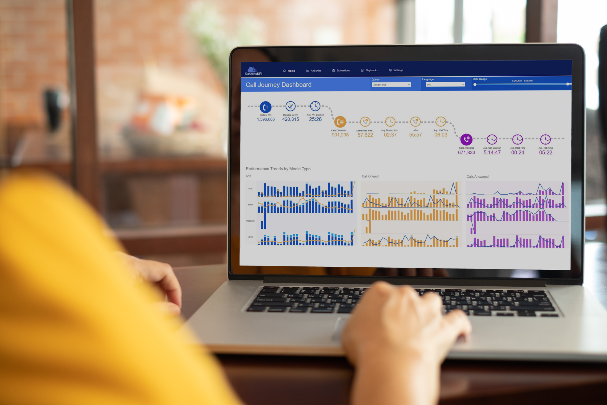 Employee reviews reporting metrics on a laptop.